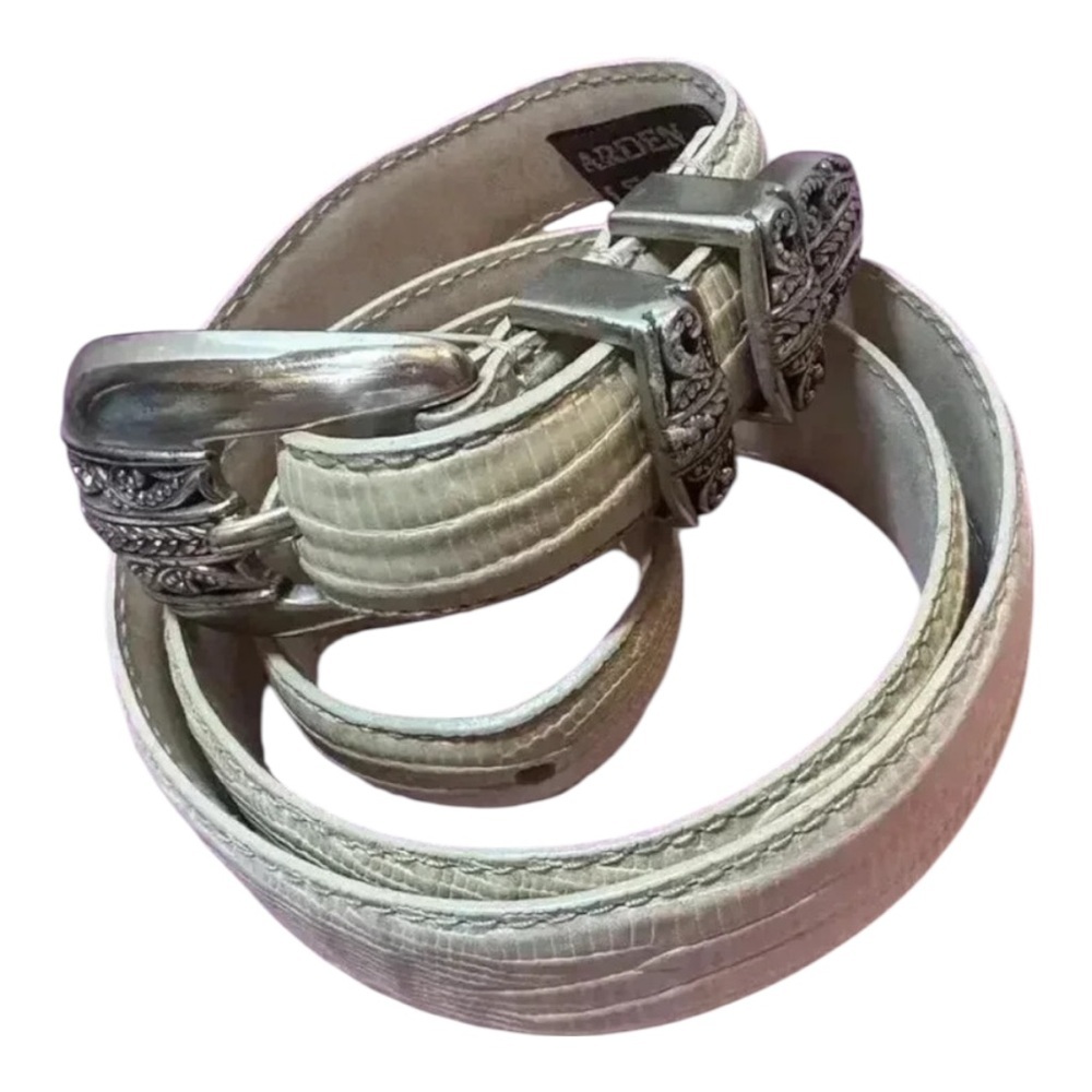 Arden Italian Leather Lizard Embossed Belt | Cream | Paisley Buckle | Size L